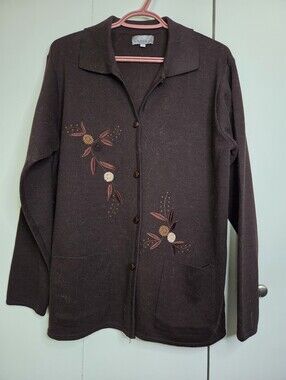 Concept Women's L Brown Button Cardigan with Floral Embroidering